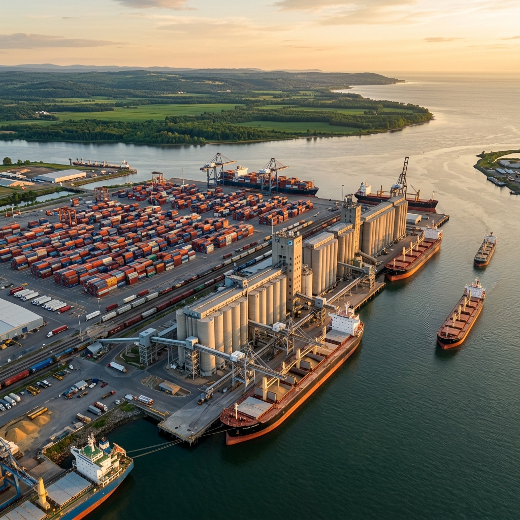 Agricultural commodity trading port with containers and cargo ships